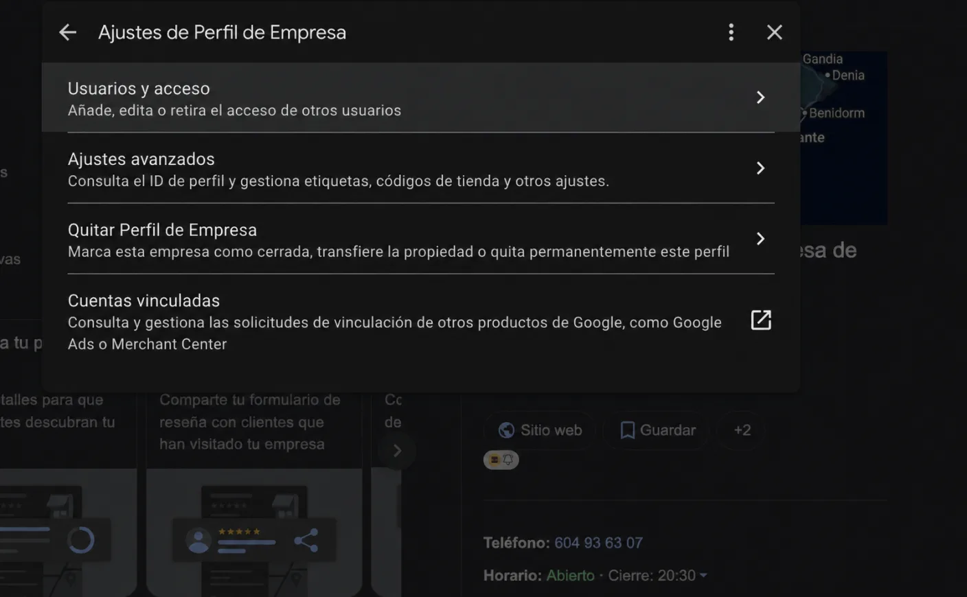 Pantalla de ajustes de Perfil de Empresa con la opción Usuarios y acceso