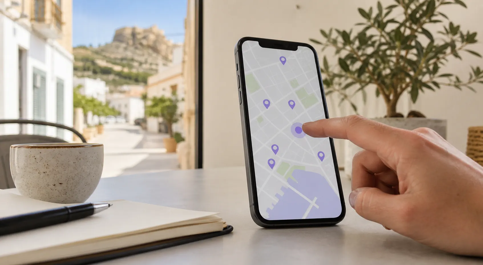 Teléfono con un mapa local y varios marcadores de ubicación
